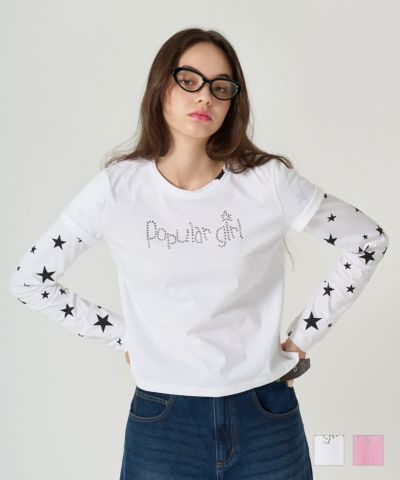 tina jojun ショルダー開き スタープリントロンT ホワイト TINA：JOJUN tシャツ ショルダー開き スタープリントロンT