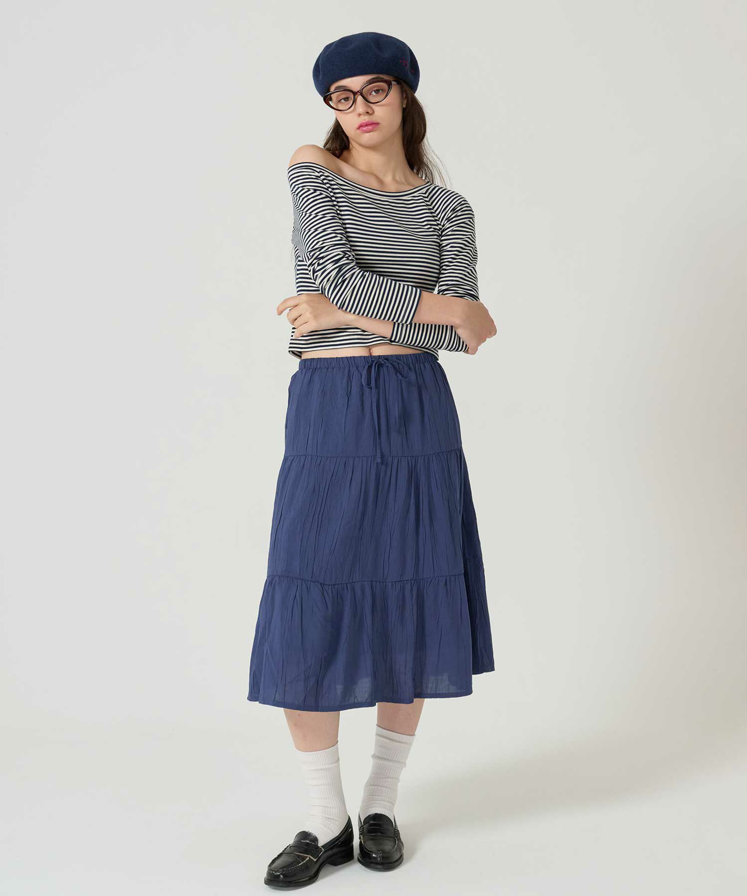 ティアード/ スカート/ミディ丈/ネイビー