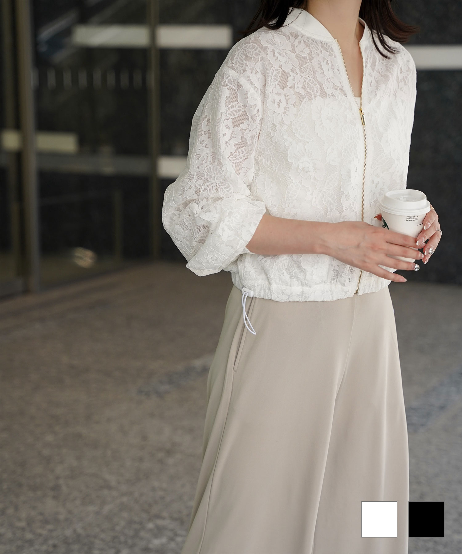 レース シアー ブルゾン シンプル レース ブルゾン アウター オフィス 冷房対策 ホワイト/ブラック/M/長袖