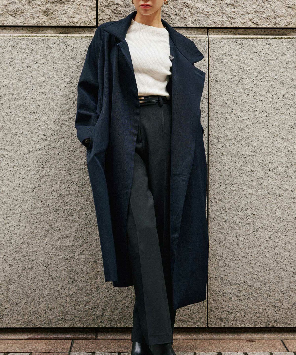 ユニセックス オーバーコート チェスターコート スタンドカラー トレンチコート モード ロングコート 丸いシルエット 韓国風 綺麗め 細見え カジュアル KINO THE KEI