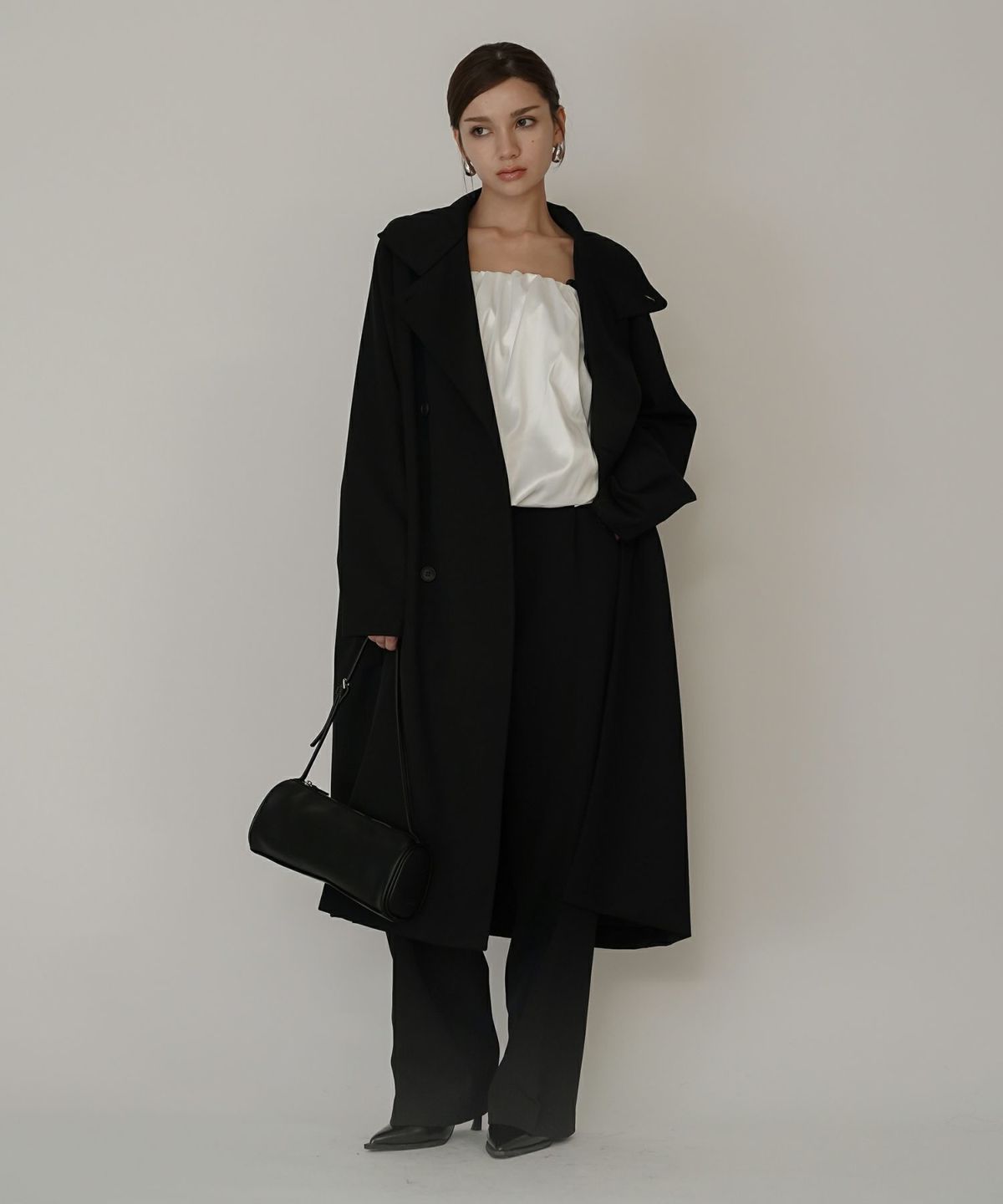 ユニセックス オーバーコート チェスターコート スタンドカラー トレンチコート モード ロングコート 丸いシルエット 韓国風 綺麗め 細見え カジュアル KINO THE KEI