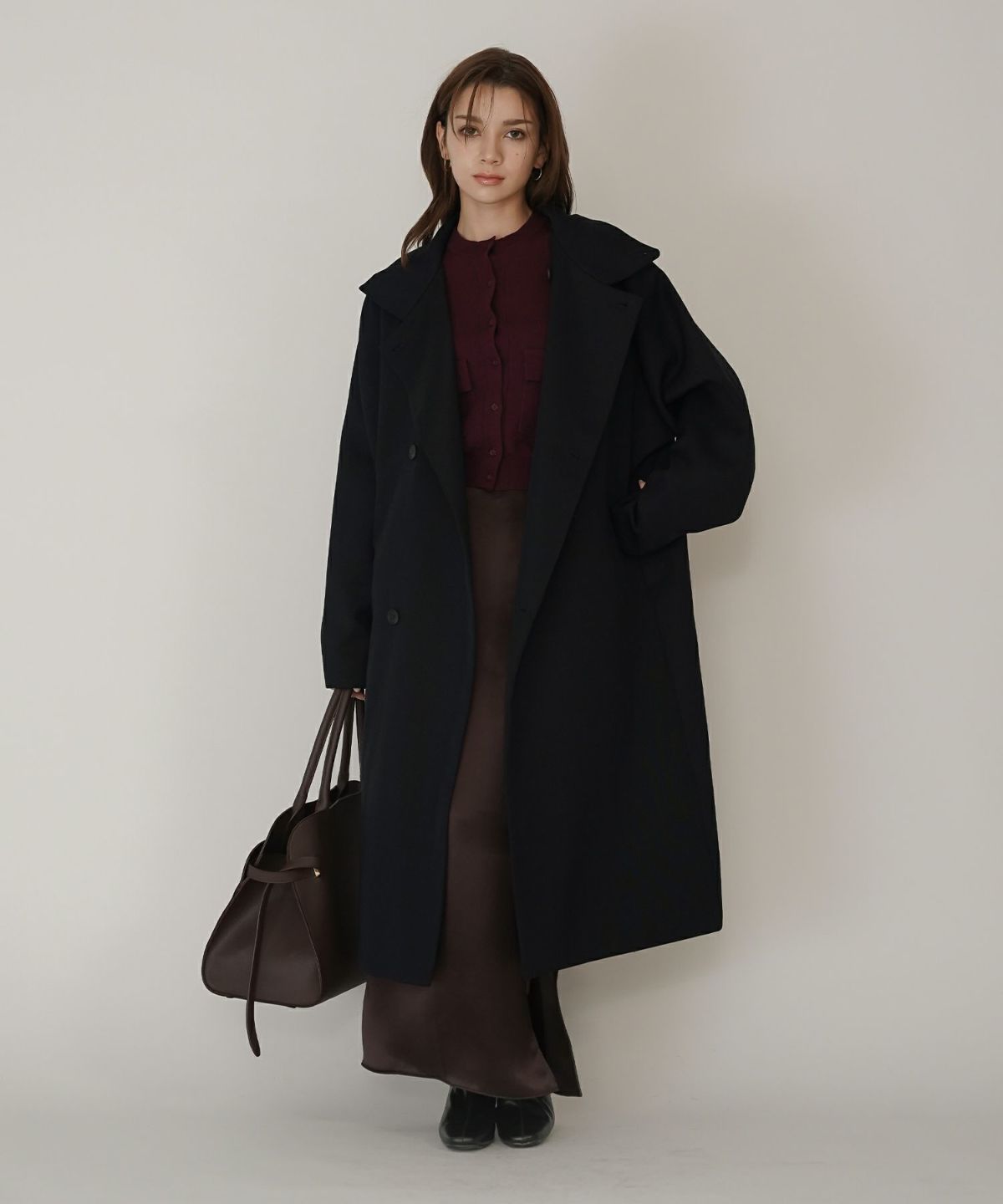 ユニセックス オーバーコート チェスターコート スタンドカラー トレンチコート モード ロングコート 丸いシルエット 韓国風 綺麗め 細見え カジュアル KINO THE KEI