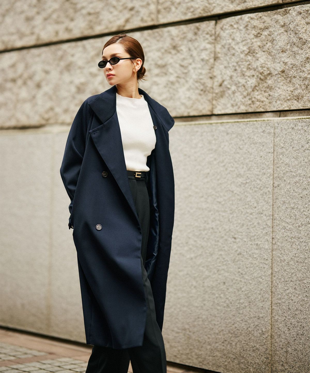 ユニセックス オーバーコート チェスターコート スタンドカラー トレンチコート モード ロングコート 丸いシルエット 韓国風 綺麗め 細見え カジュアル KINO THE KEI