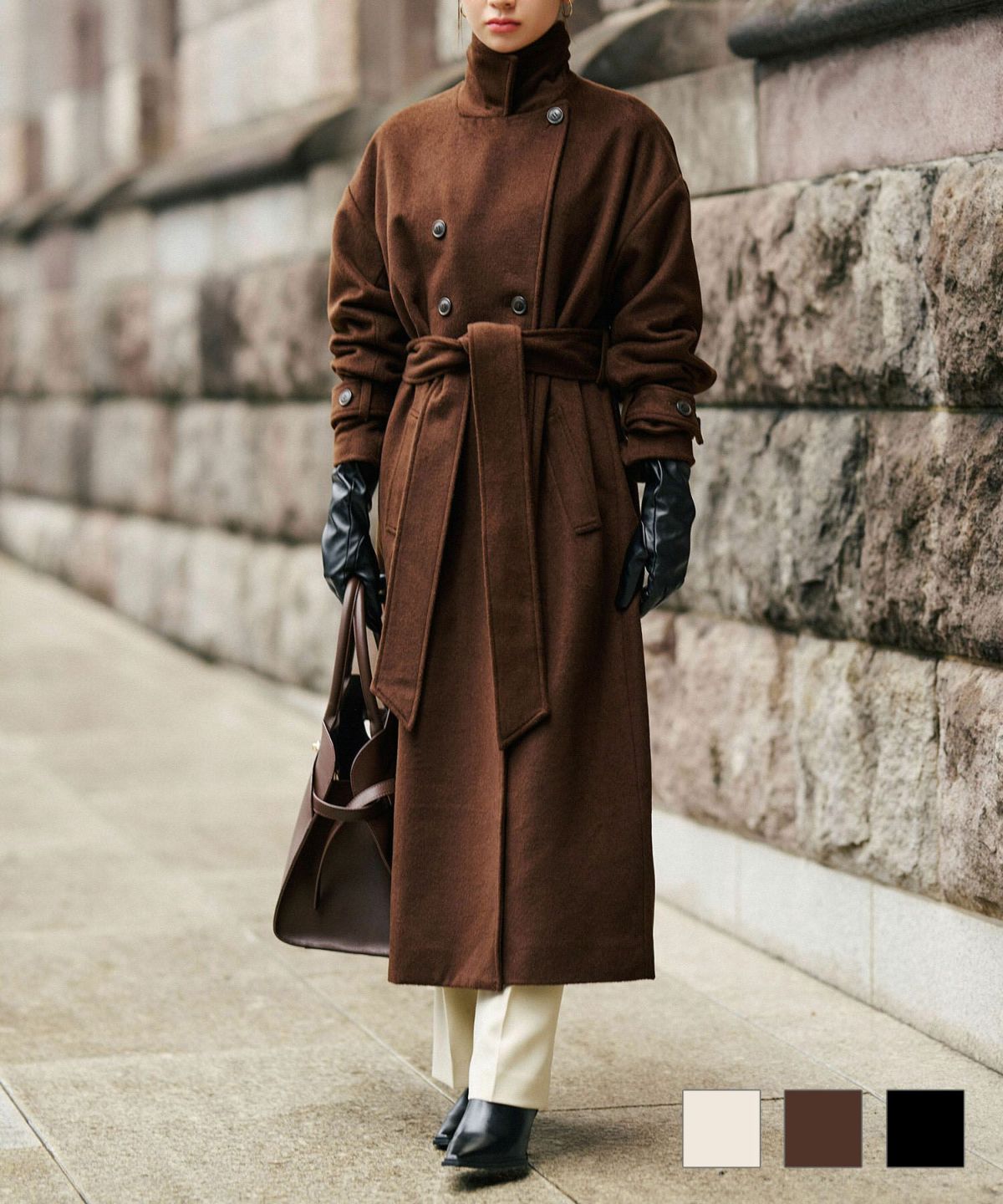 細身 ロングコート トレンチコート メルトン ラップコート オーバーコート チェスターコート スタンドカラー 韓国風 綺麗め 細見え カジュアル KINO THE KEI