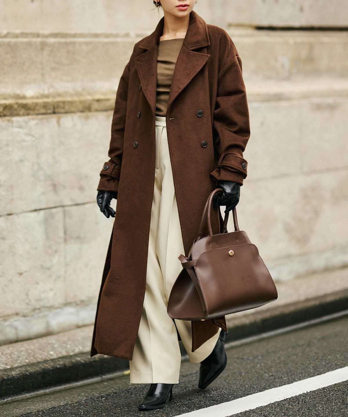 細身 ロングコート トレンチコート メルトン ラップコート オーバーコート チェスターコート スタンドカラー 韓国風 綺麗め 細見え カジュアル KINO THE KEI