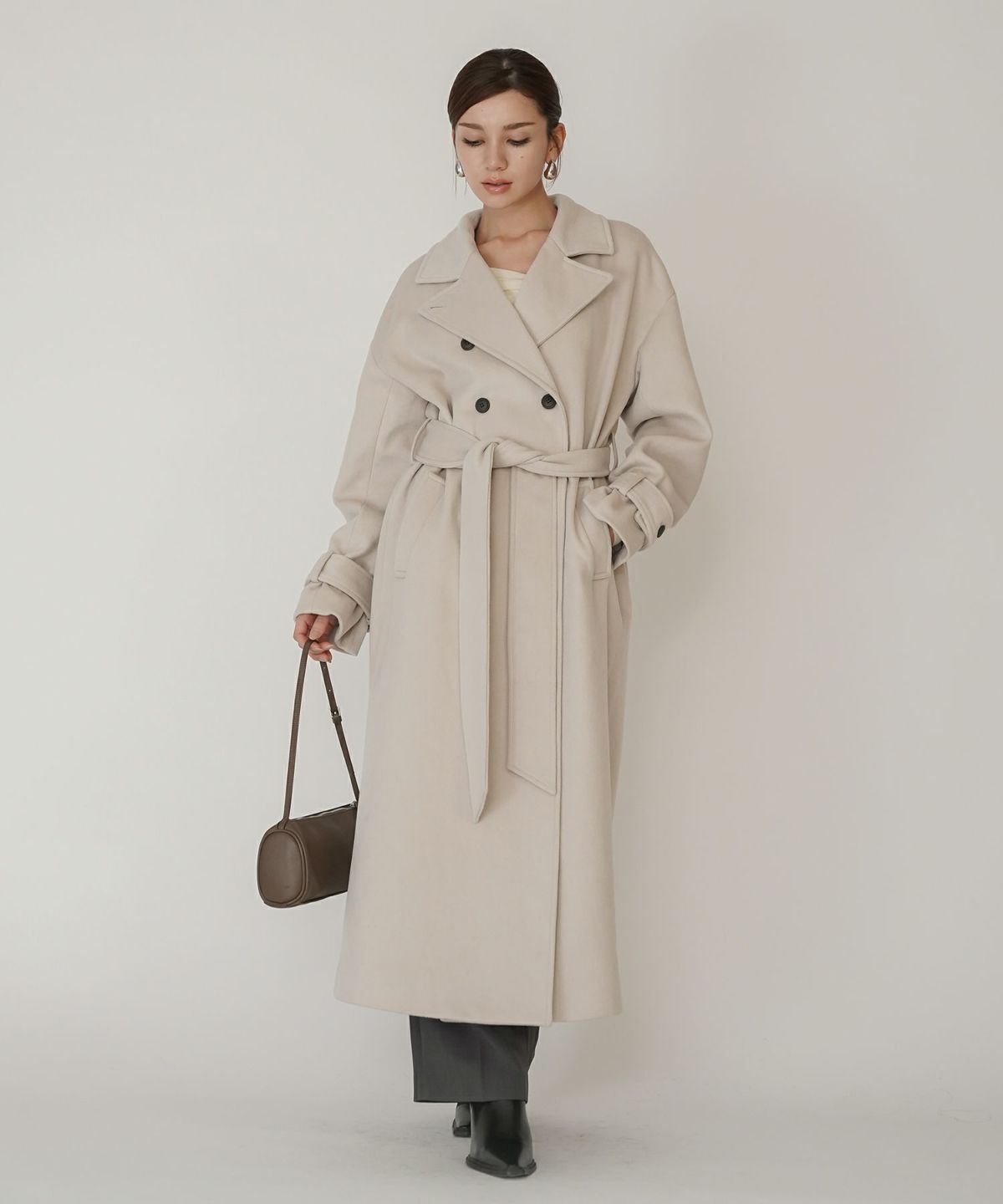 細身 ロングコート トレンチコート メルトン ラップコート オーバーコート チェスターコート スタンドカラー 韓国風 綺麗め 細見え カジュアル KINO THE KEI