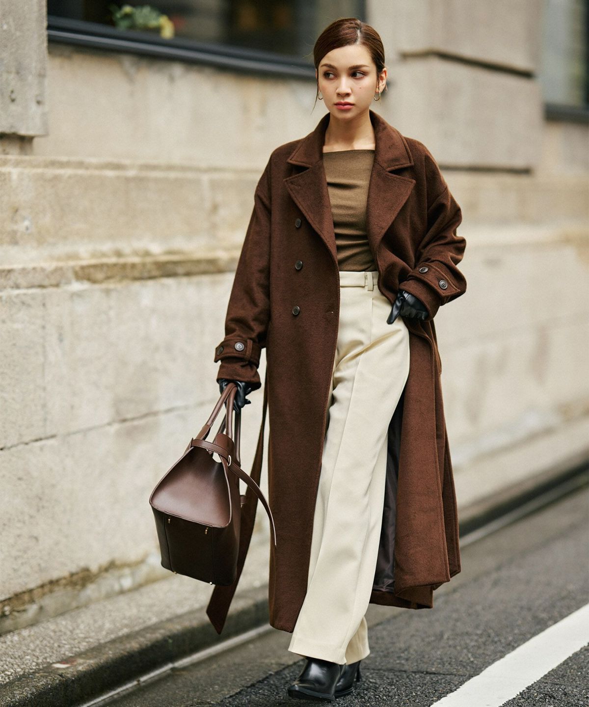 細身 ロングコート トレンチコート メルトン ラップコート オーバーコート チェスターコート スタンドカラー 韓国風 綺麗め 細見え カジュアル KINO THE KEI