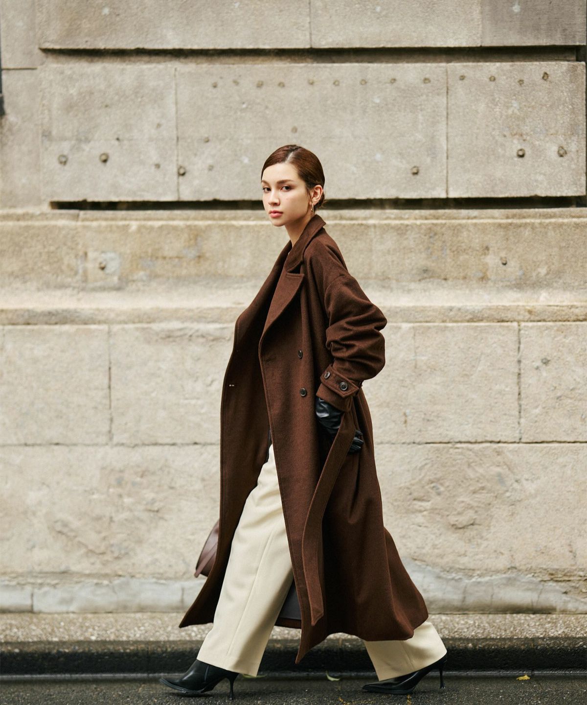 細身 ロングコート トレンチコート メルトン ラップコート オーバーコート チェスターコート スタンドカラー 韓国風 綺麗め 細見え カジュアル KINO THE KEI