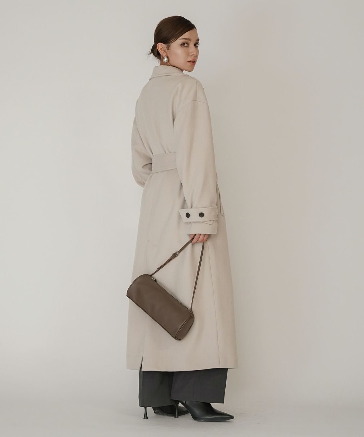 細身 ロングコート トレンチコート メルトン ラップコート オーバーコート チェスターコート スタンドカラー 韓国風 綺麗め 細見え カジュアル KINO THE KEI