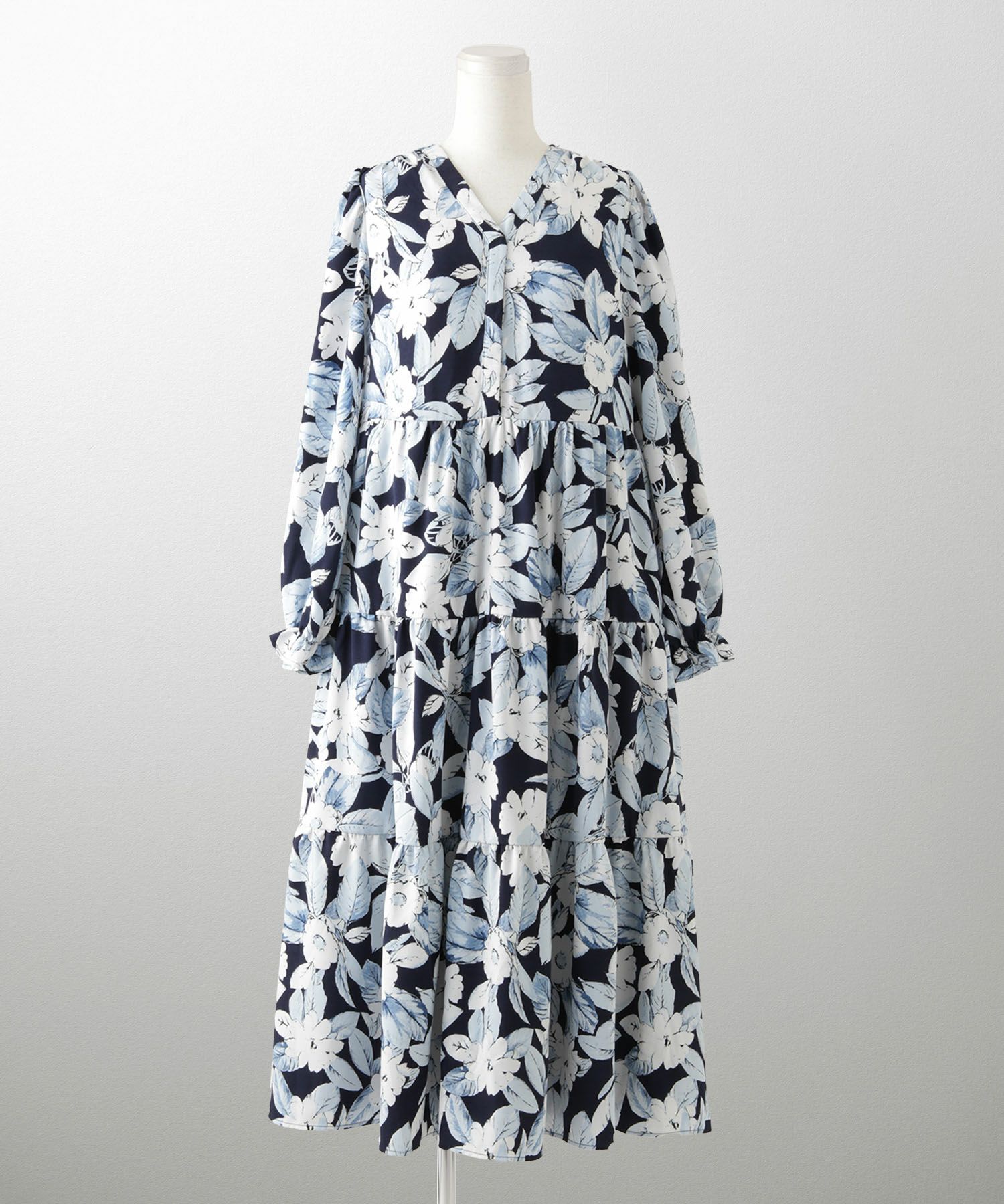 花柄 ティアード ワンピース レディース 大花柄 フラワー エレガント ロング丈 ネイビー/ブラック/M/長袖