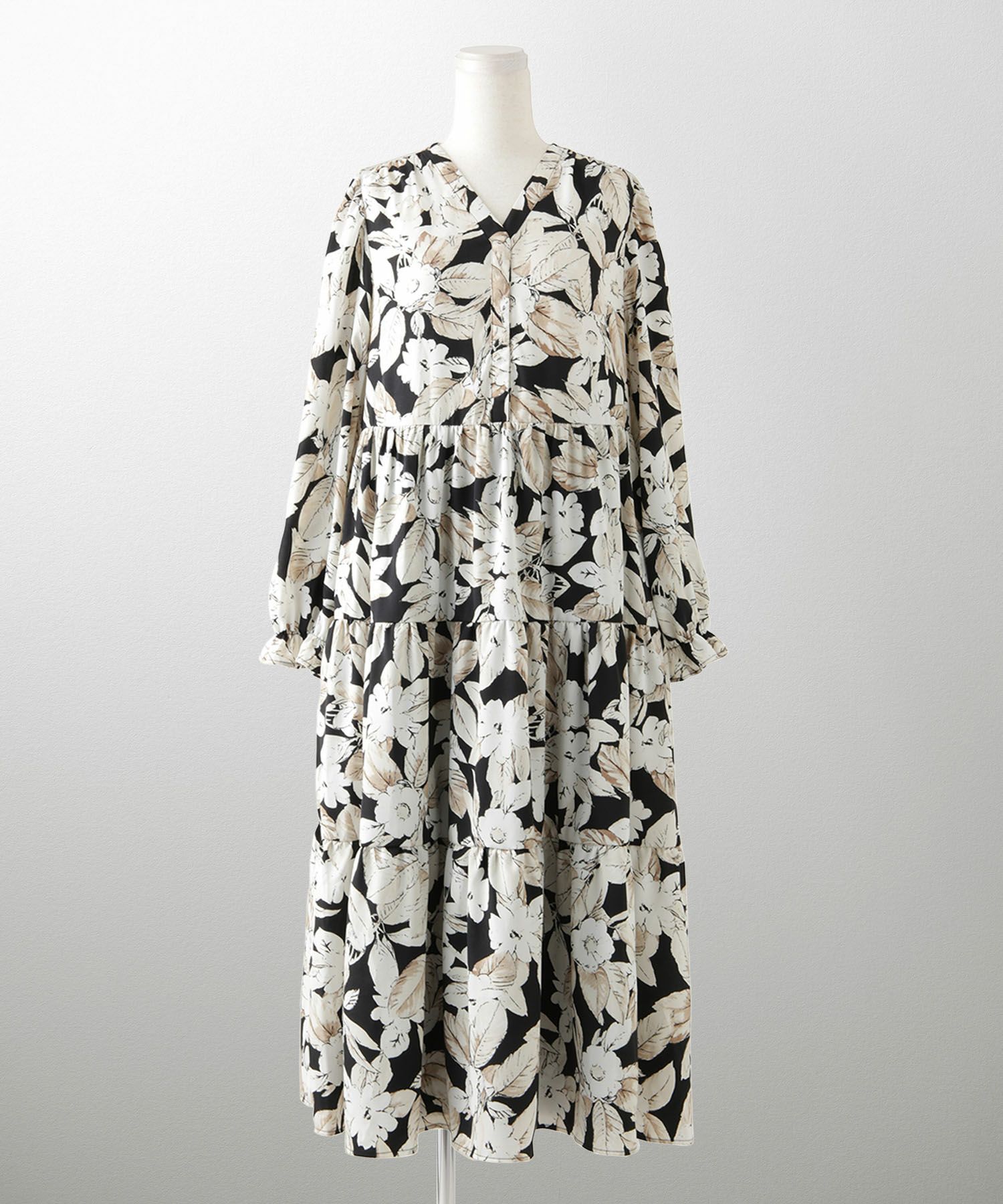 花柄 ティアード ワンピース レディース 大花柄 フラワー エレガント ロング丈 ネイビー/ブラック/M/長袖