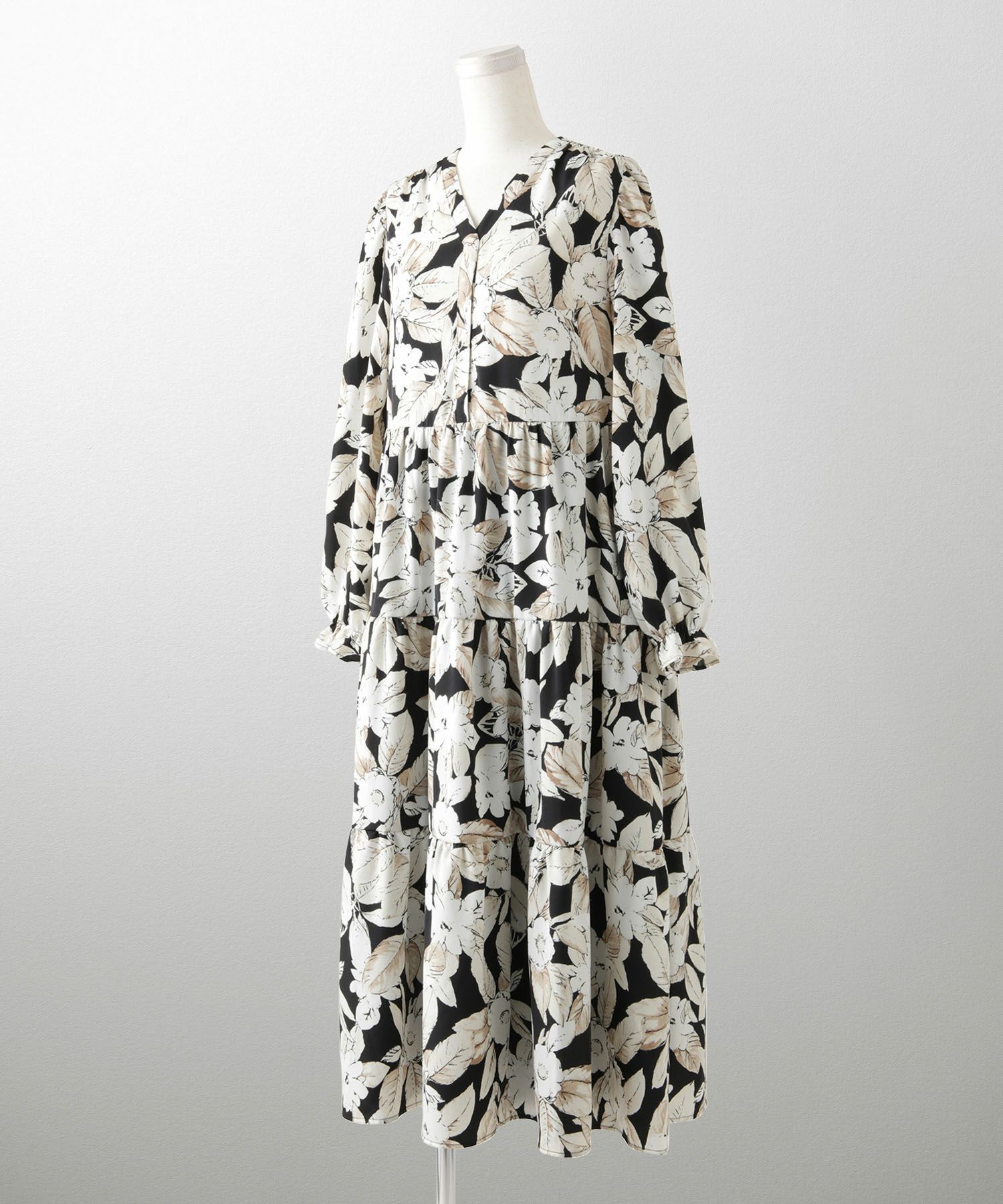 花柄 ティアード ワンピース レディース 大花柄 フラワー エレガント ロング丈 ネイビー/ブラック/M/長袖