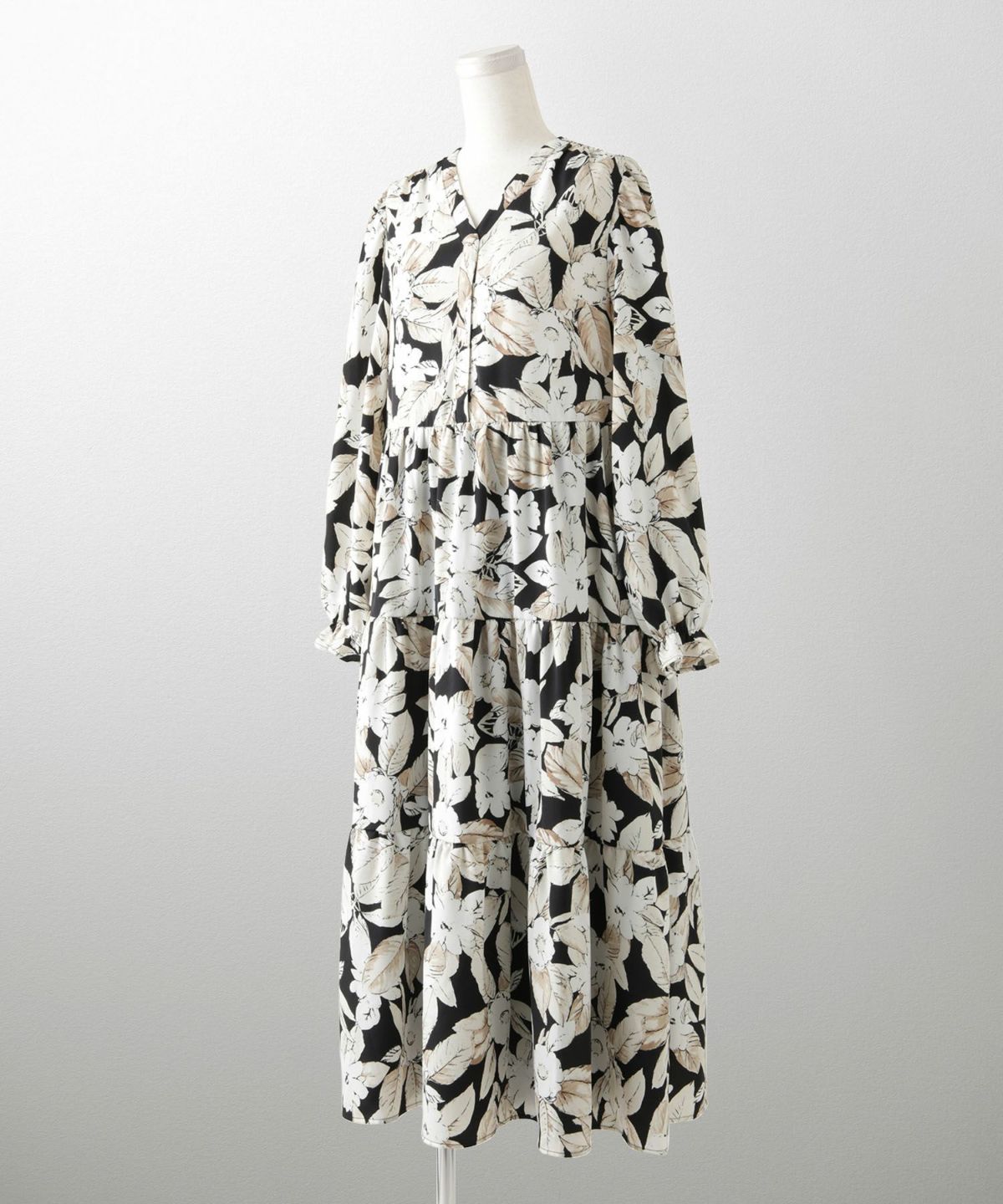 花柄 ティアード ワンピース レディース 大花柄 フラワー エレガント ロング丈 ネイビー/ブラック/M/長袖