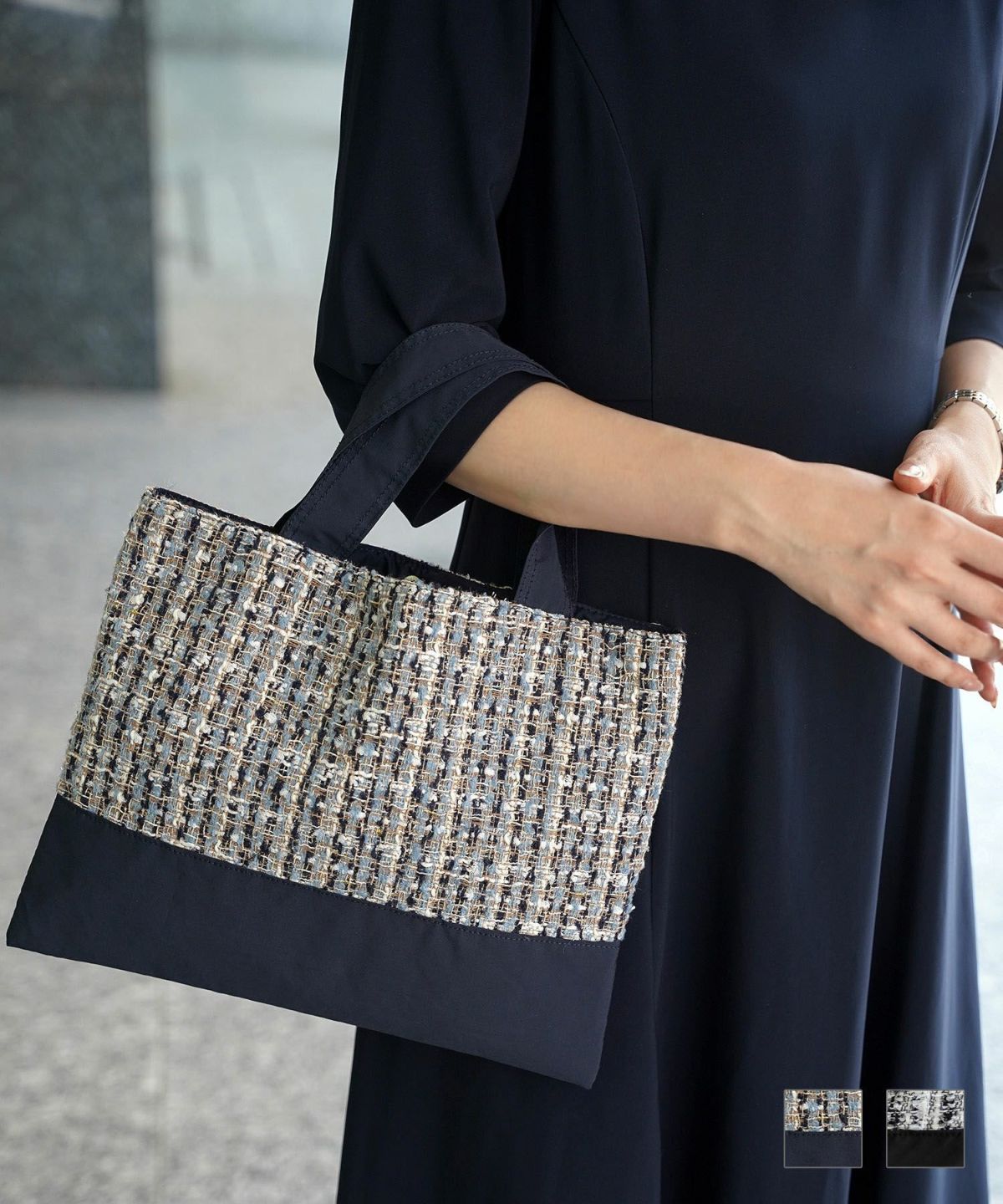 レディース バッグ 無地 ツイード 異素材 オケージョン 春 夏 秋 冬 サブバッグ ネイビー ブラック フリー