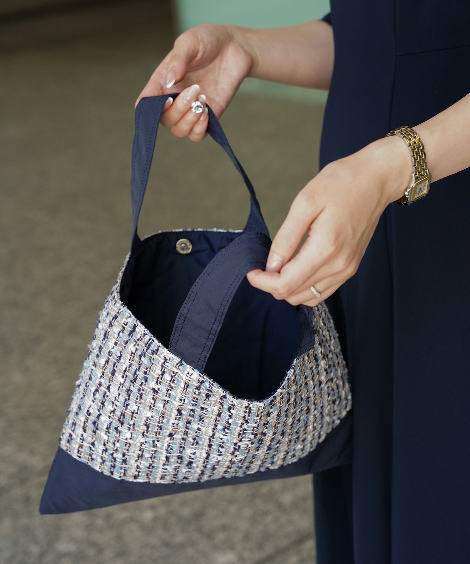 レディース バッグ 無地 ツイード 異素材 オケージョン 春 夏 秋 冬 サブバッグ ネイビー ブラック フリー