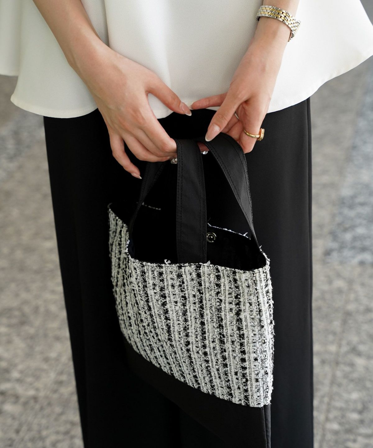 レディース バッグ 無地 ツイード 異素材 オケージョン 春 夏 秋 冬 サブバッグ ネイビー ブラック フリー