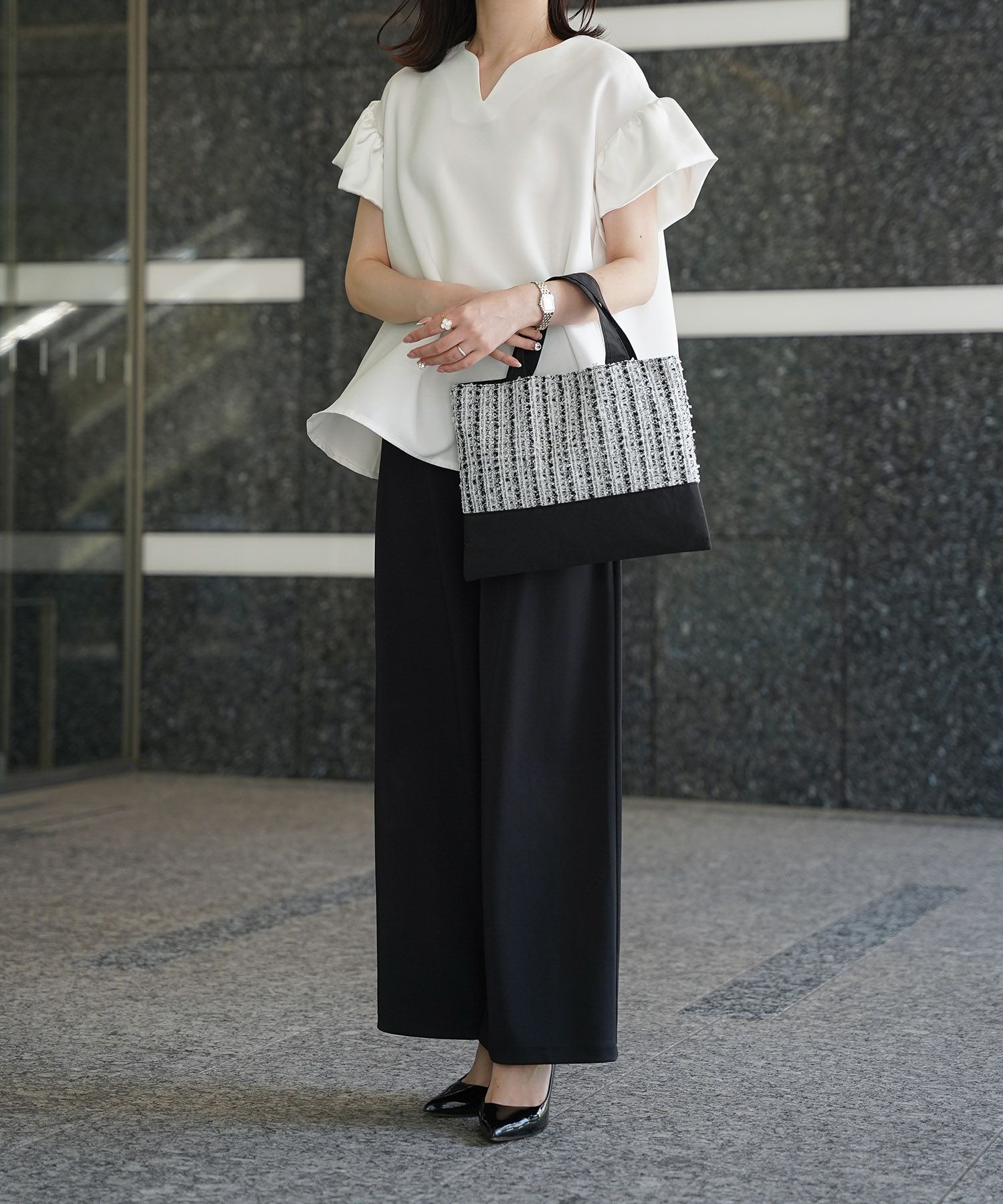 レディース バッグ 無地 ツイード 異素材 オケージョン 春 夏 秋 冬 サブバッグ ネイビー ブラック フリー