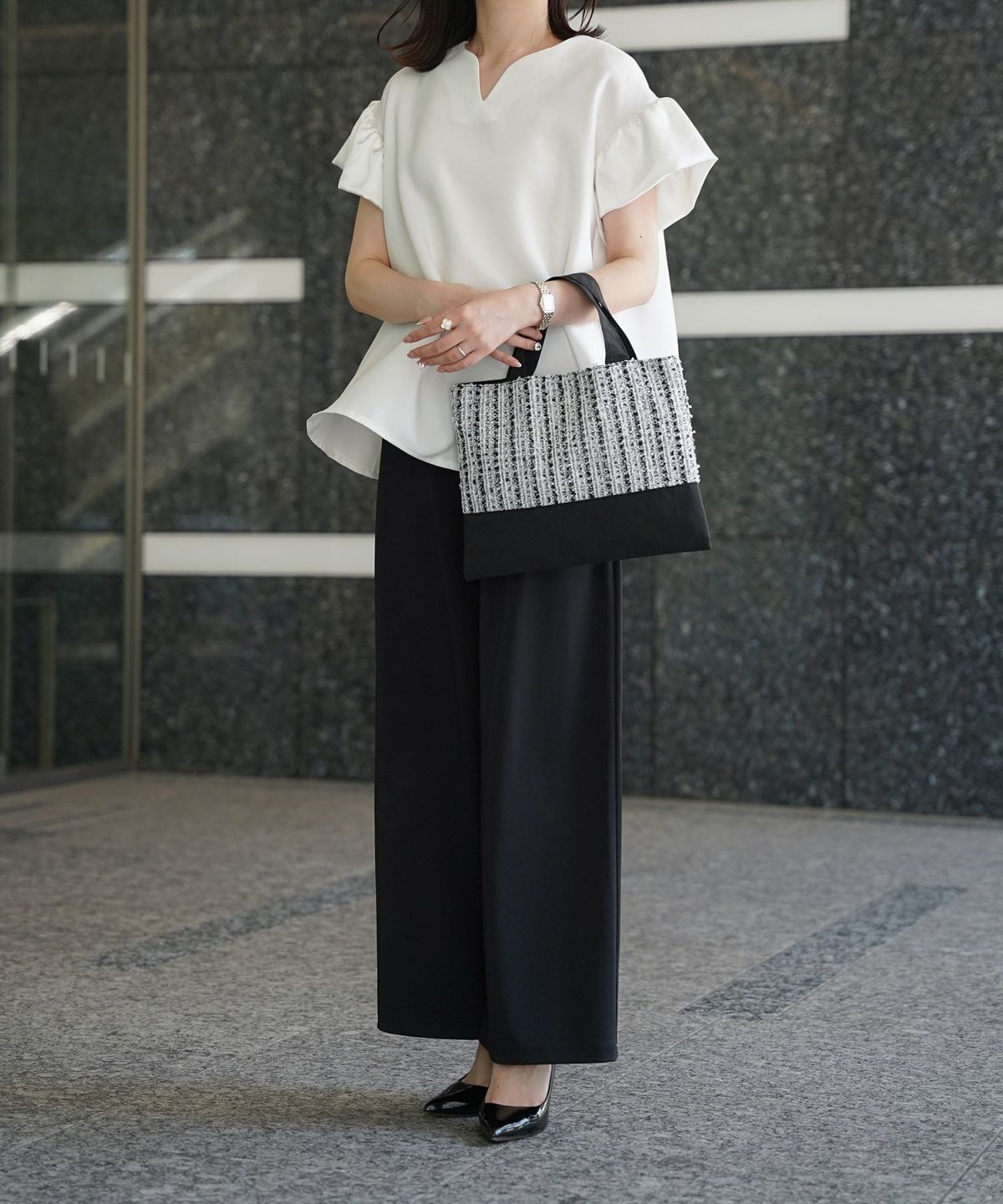 レディース バッグ 無地 ツイード 異素材 オケージョン 春 夏 秋 冬 サブバッグ ネイビー ブラック フリー