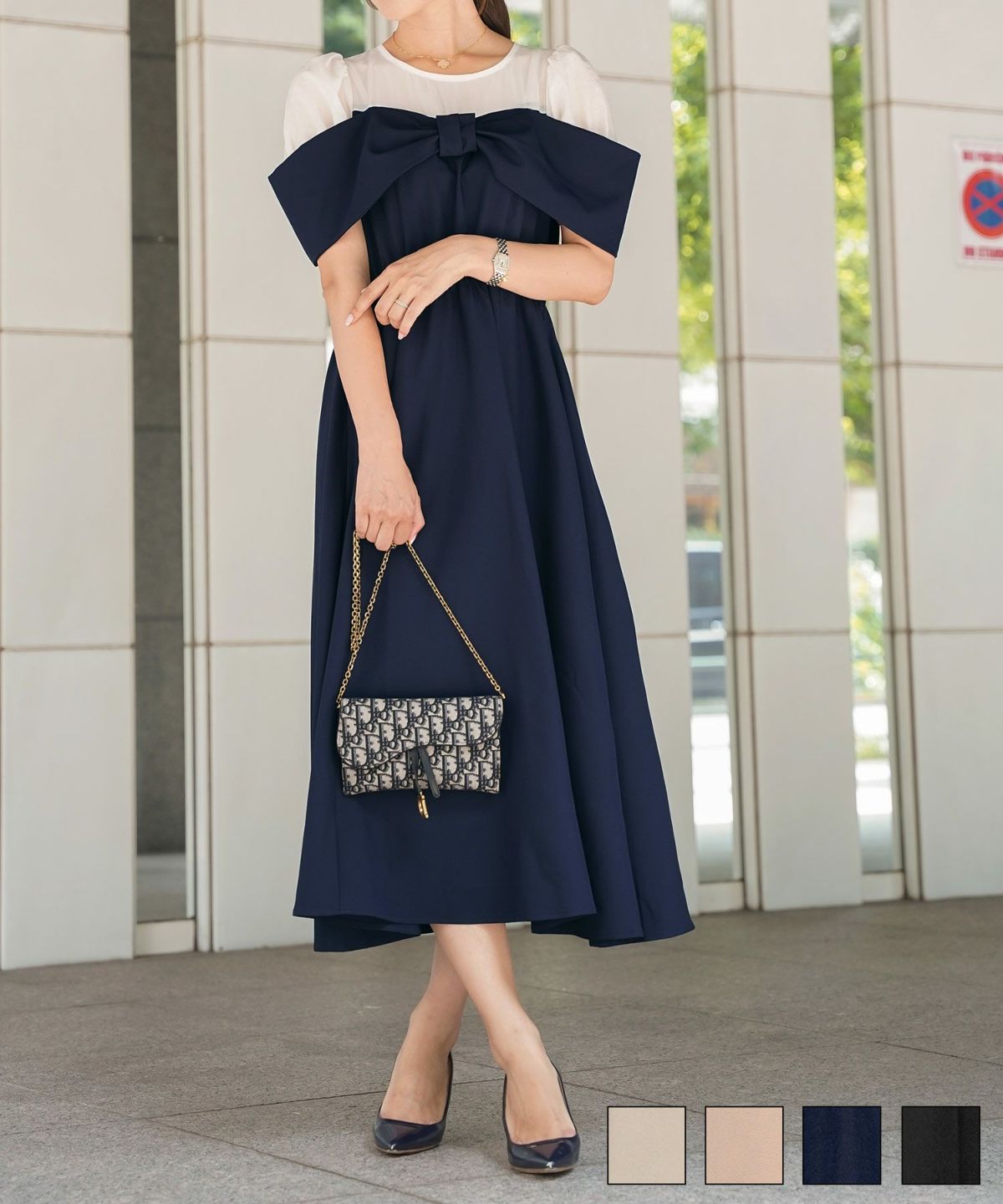 レディース ワンピース シアー リボン ドッキング 結婚式 お呼ばれ パーティー フォーマル 透け感 ロング丈 ポケット付き オフショル風 ペールカラー 大人可愛い フェミニン グレージュ ピンクベージュ ネイビー ブラック