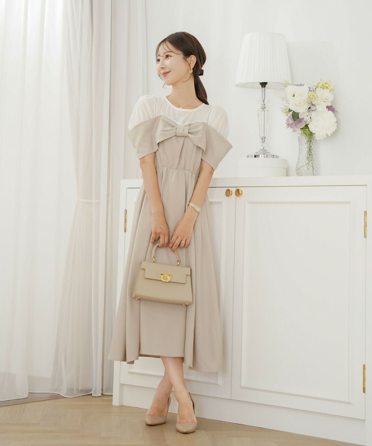 レディース ワンピース シアー リボン ドッキング 結婚式 お呼ばれ パーティー フォーマル 透け感 ロング丈 ポケット付き オフショル風 ペールカラー 大人可愛い フェミニン グレージュ ピンクベージュ ネイビー ブラック