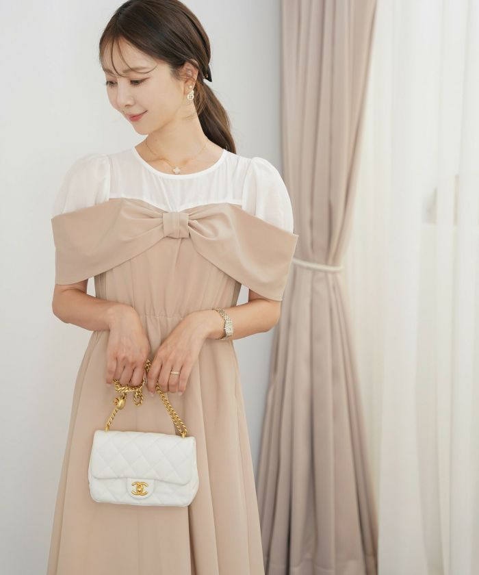 レディース ワンピース シアー リボン ドッキング 結婚式 お呼ばれ パーティー フォーマル 透け感 ロング丈 ポケット付き オフショル風 ペールカラー 大人可愛い フェミニン グレージュ ピンクベージュ ネイビー ブラック