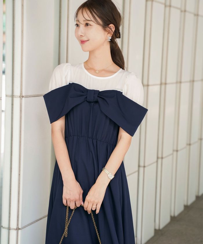 レディース ワンピース シアー リボン ドッキング 結婚式 お呼ばれ パーティー フォーマル 透け感 ロング丈 ポケット付き オフショル風 ペールカラー 大人可愛い フェミニン グレージュ ピンクベージュ ネイビー ブラック