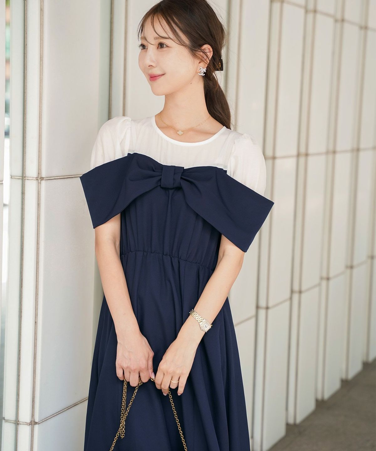 レディース ワンピース シアー リボン ドッキング 結婚式 お呼ばれ パーティー フォーマル 透け感 ロング丈 ポケット付き オフショル風 ペールカラー 大人可愛い フェミニン グレージュ ピンクベージュ ネイビー ブラック