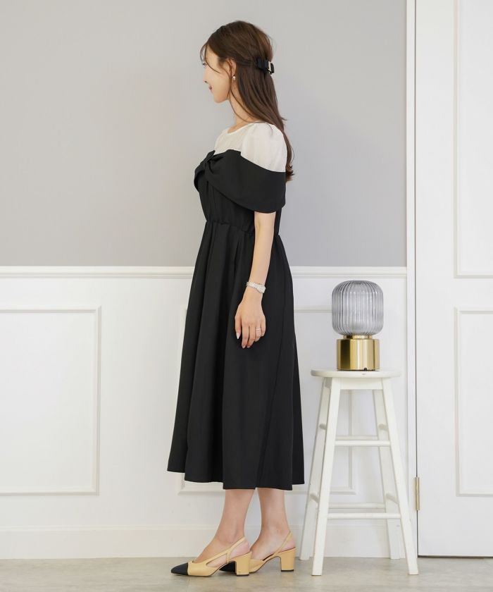 ローsu　リボンワンピ　ネイビー サイドリボンウエストタックワンピース「CU1240」