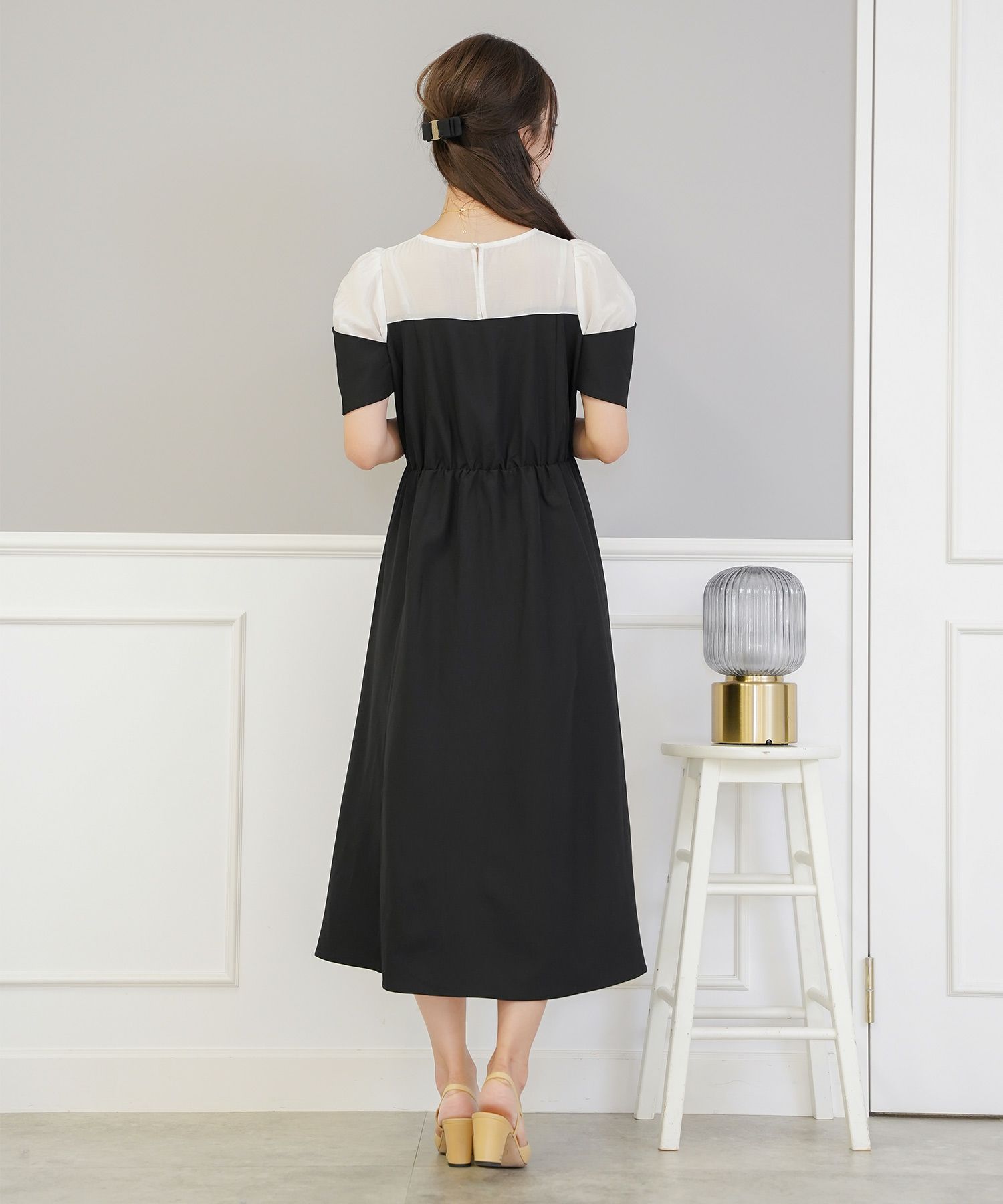 レディース ワンピース シアー リボン ドッキング 結婚式 お呼ばれ パーティー フォーマル 透け感 ロング丈 ポケット付き オフショル風 ペールカラー 大人可愛い フェミニン グレージュ ピンクベージュ ネイビー ブラック