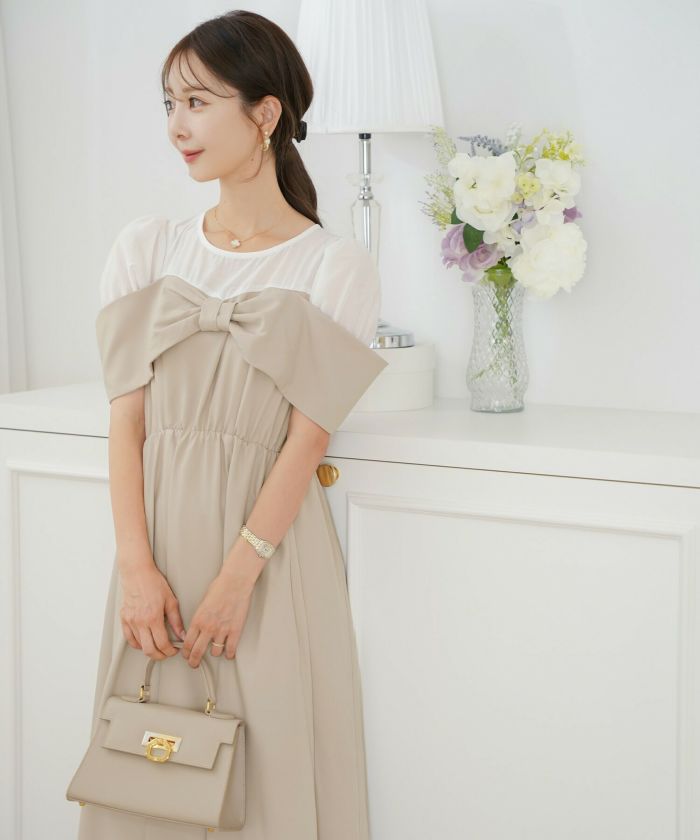 レディース ワンピース シアー リボン ドッキング 結婚式 お呼ばれ パーティー フォーマル 透け感 ロング丈 ポケット付き オフショル風 ペールカラー 大人可愛い フェミニン グレージュ ピンクベージュ ネイビー ブラック