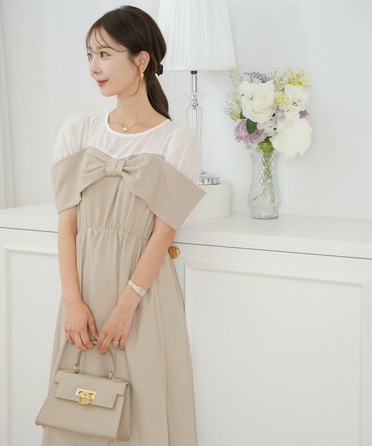 レディース ワンピース シアー リボン ドッキング 結婚式 お呼ばれ パーティー フォーマル 透け感 ロング丈 ポケット付き オフショル風 ペールカラー 大人可愛い フェミニン グレージュ ピンクベージュ ネイビー ブラック