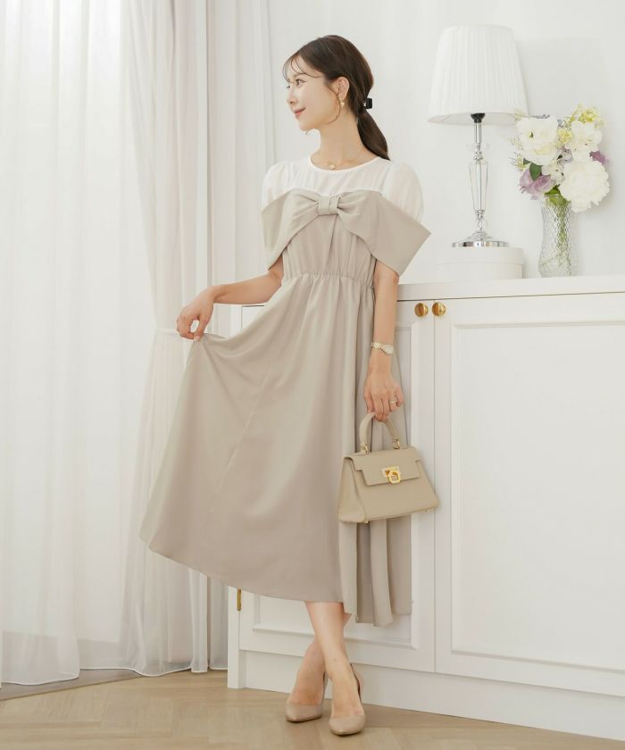 レディース ワンピース シアー リボン ドッキング 結婚式 お呼ばれ パーティー フォーマル 透け感 ロング丈 ポケット付き オフショル風 ペールカラー 大人可愛い フェミニン グレージュ ピンクベージュ ネイビー ブラック