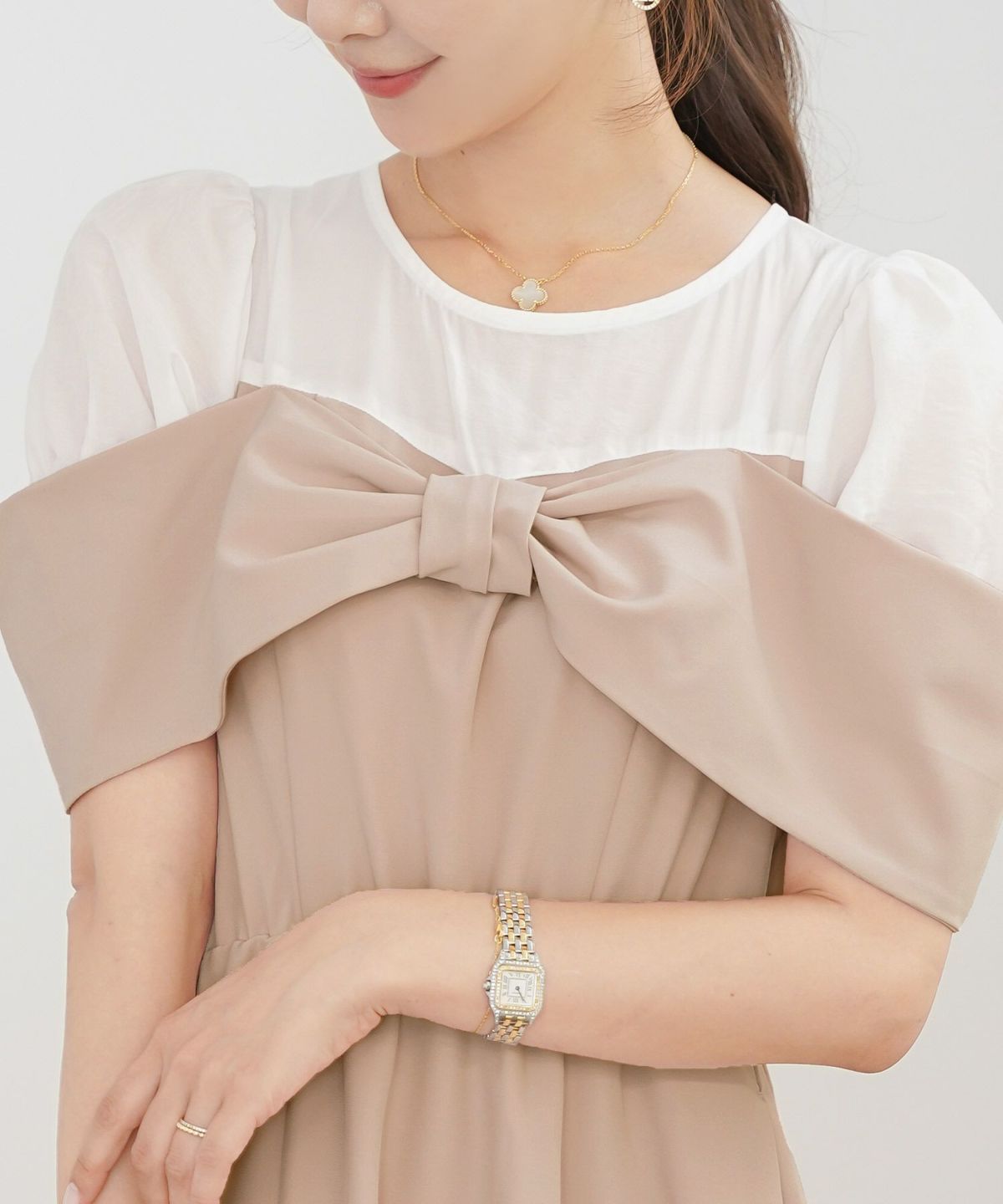 レディース ワンピース シアー リボン ドッキング 結婚式 お呼ばれ パーティー フォーマル 透け感 ロング丈 ポケット付き オフショル風 ペールカラー 大人可愛い フェミニン グレージュ ピンクベージュ ネイビー ブラック