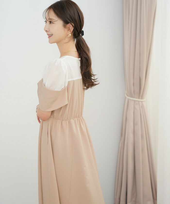 レディース ワンピース シアー リボン ドッキング 結婚式 お呼ばれ パーティー フォーマル 透け感 ロング丈 ポケット付き オフショル風 ペールカラー 大人可愛い フェミニン グレージュ ピンクベージュ ネイビー ブラック