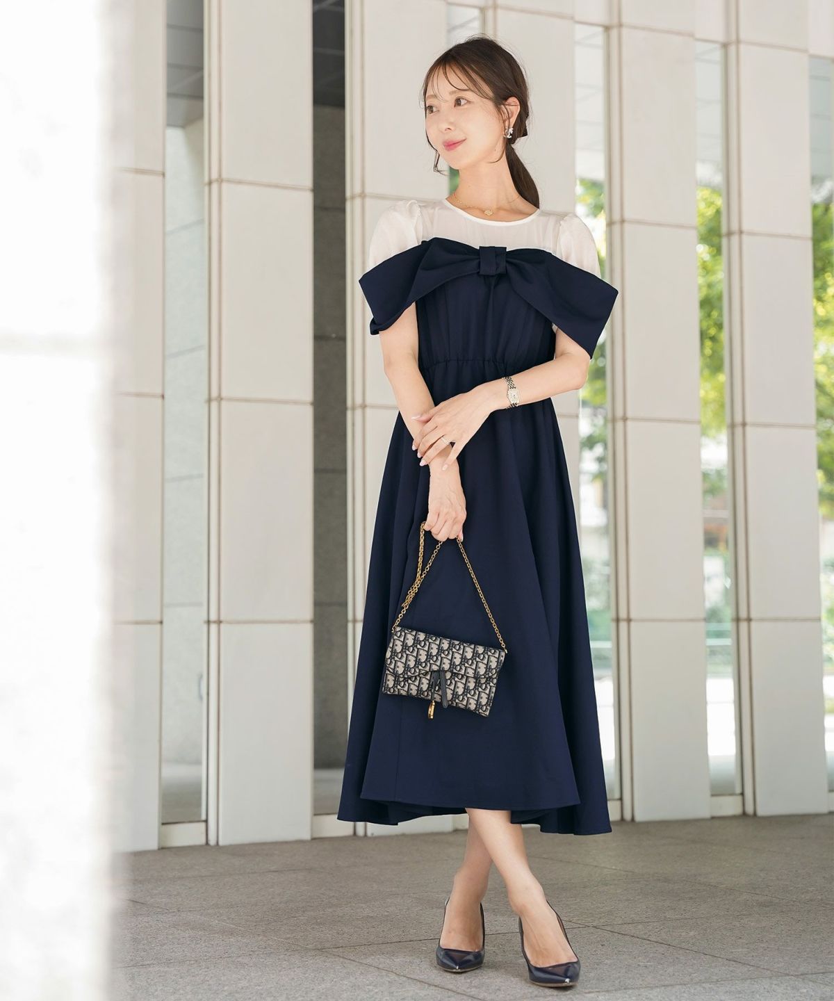 レディース ワンピース シアー リボン ドッキング 結婚式 お呼ばれ パーティー フォーマル 透け感 ロング丈 ポケット付き オフショル風 ペールカラー 大人可愛い フェミニン グレージュ ピンクベージュ ネイビー ブラック