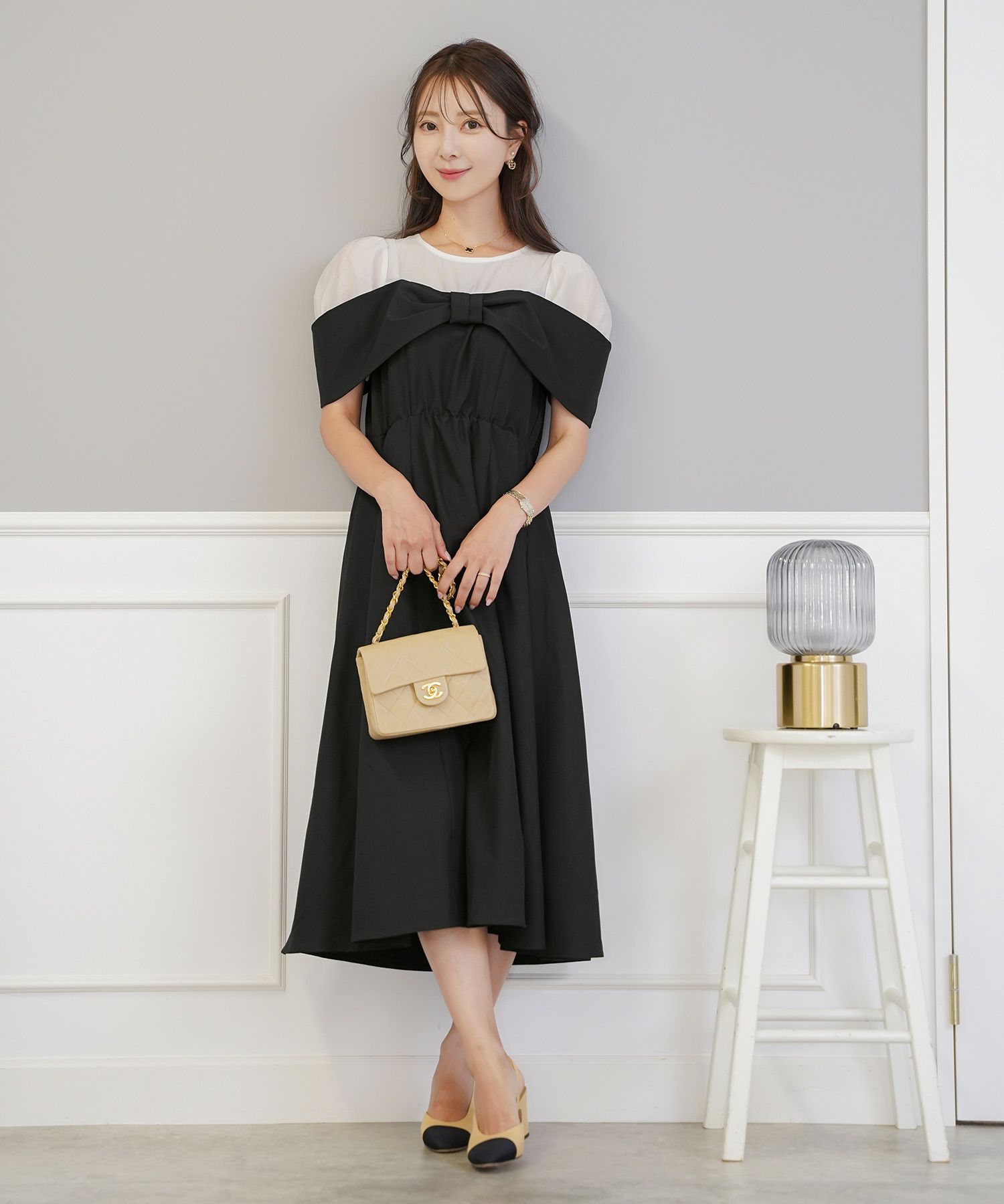 レディース ワンピース シアー リボン ドッキング 結婚式 お呼ばれ パーティー フォーマル 透け感 ロング丈 ポケット付き オフショル風 ペールカラー 大人可愛い フェミニン グレージュ ピンクベージュ ネイビー ブラック