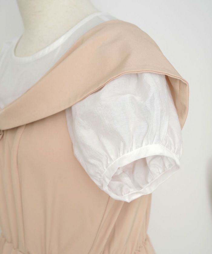 レディース ワンピース シアー リボン ドッキング 結婚式 お呼ばれ パーティー フォーマル 透け感 ロング丈 ポケット付き オフショル風 ペールカラー 大人可愛い フェミニン グレージュ ピンクベージュ ネイビー ブラック