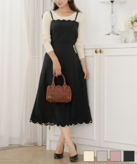 キャミ ワンピース スカラップ刺繍 ロング丈 無地 大人 フェミニン レディース 春夏 秋冬 アイボリー  ピンク チャコール ブラック オールシーズン 