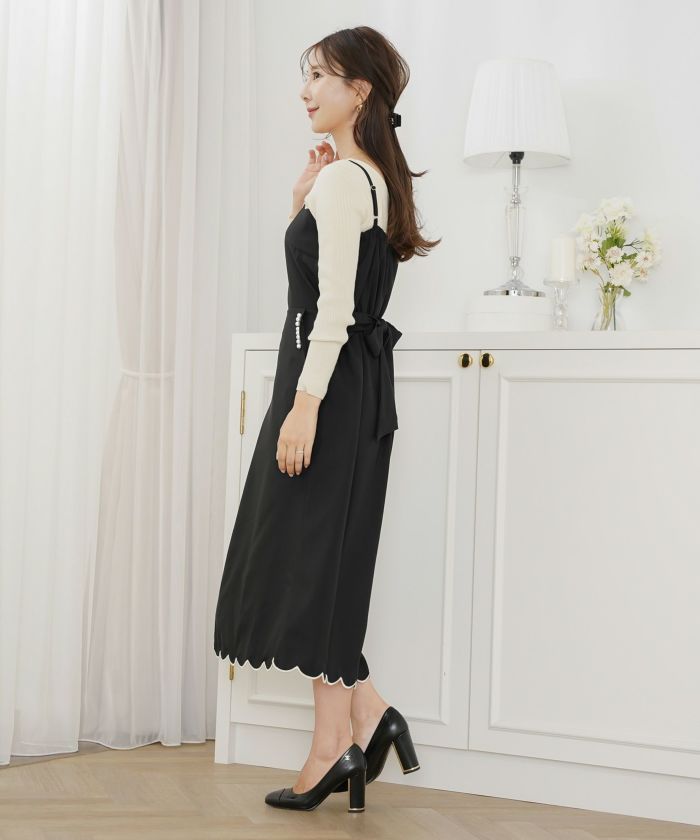 キャミ ワンピース スカラップ刺繍 ロング丈 無地 大人 フェミニン レディース 春夏 秋冬 アイボリー  ピンク チャコール ブラック オールシーズン 