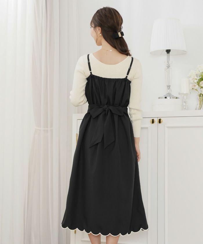 キャミ ワンピース スカラップ刺繍 ロング丈 無地 大人 フェミニン レディース 春夏 秋冬 アイボリー  ピンク チャコール ブラック オールシーズン 