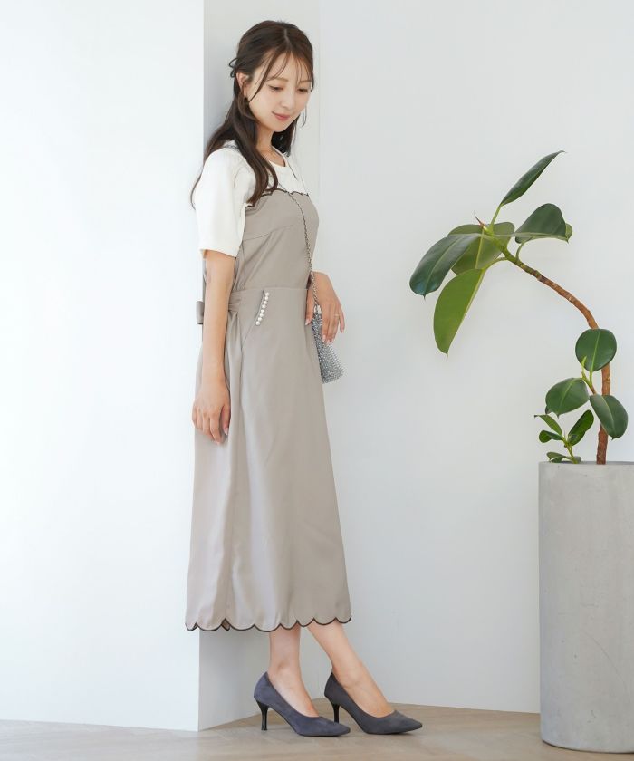 キャミ ワンピース スカラップ刺繍 ロング丈 無地 大人 フェミニン レディース 春夏 秋冬 アイボリー  ピンク チャコール ブラック オールシーズン 