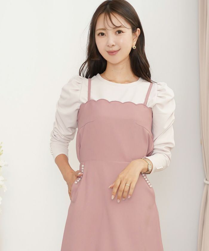 キャミ ワンピース スカラップ刺繍 ロング丈 無地 大人 フェミニン レディース 春夏 秋冬 アイボリー  ピンク チャコール ブラック オールシーズン 