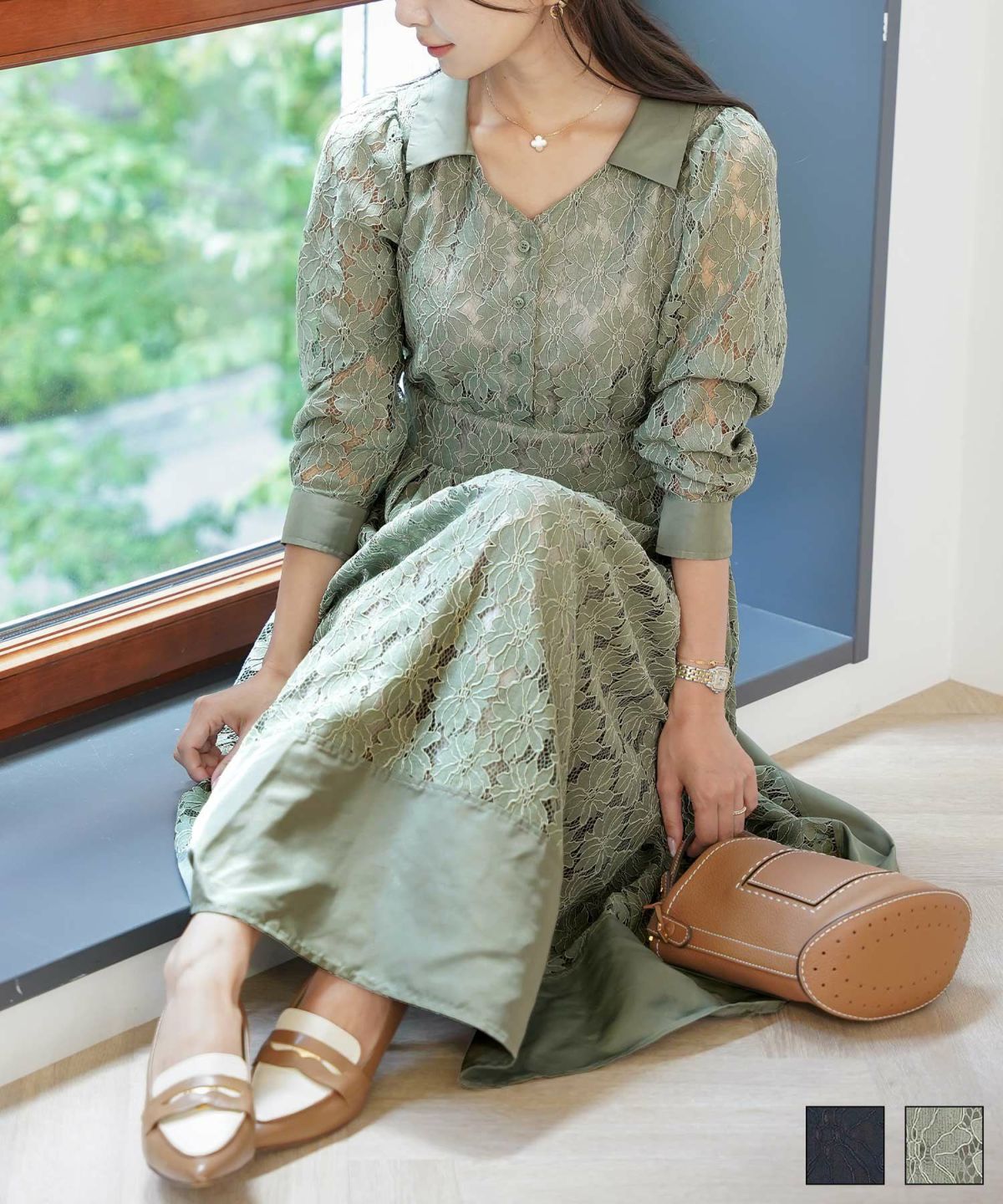 花柄 ワンピース タフタ 切替 開襟 フレア シルエット 長袖 レース タック入り 裏地付き ポケット付き 9分袖 ギャザー 袖口カフス 大人フェミニン 上品 華やか 女性らしい 立体感 エレガント 季節感 透け感 セミオケージョン 結婚式 デート 食事会