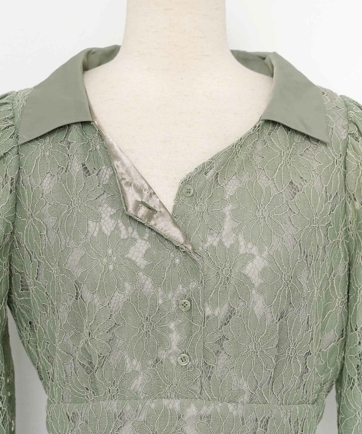 花柄 ワンピース タフタ 切替 開襟 フレア シルエット 長袖 レース タック入り 裏地付き ポケット付き 9分袖 ギャザー 袖口カフス 大人フェミニン 上品 華やか 女性らしい 立体感 エレガント 季節感 透け感 セミオケージョン 結婚式 デート 食事会