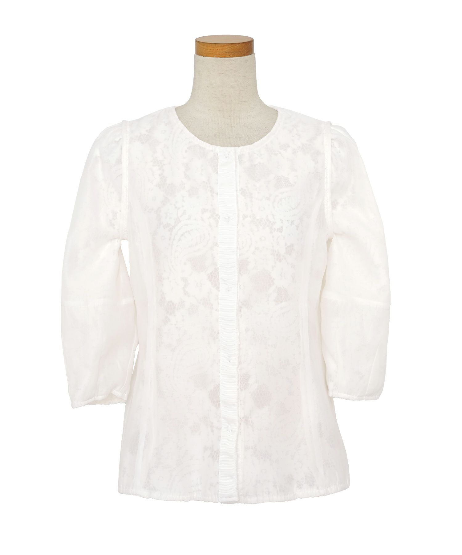 レース ブラウス 起毛 トップス 花柄 ペイズリー ランタンスリーブ 二の腕カバー パールボタン 7分袖 フェミニン 秋冬 ウエストシェイプ 大人可愛い 上品 華やか フェミニン エレガント きれいめ