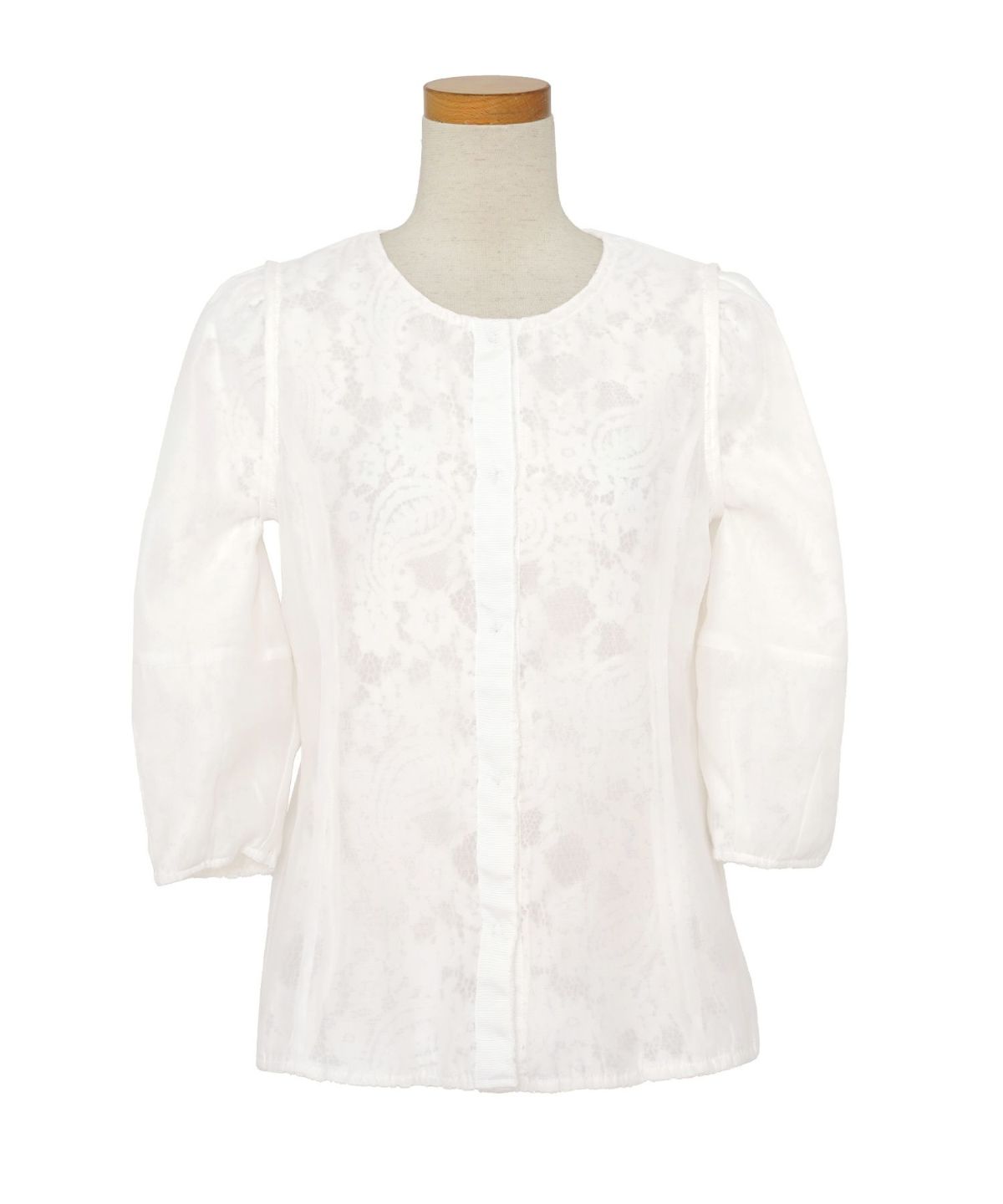 レース ブラウス 起毛 トップス 花柄 ペイズリー ランタンスリーブ 二の腕カバー パールボタン 7分袖 フェミニン 秋冬 ウエストシェイプ 大人可愛い 上品 華やか フェミニン エレガント きれいめ