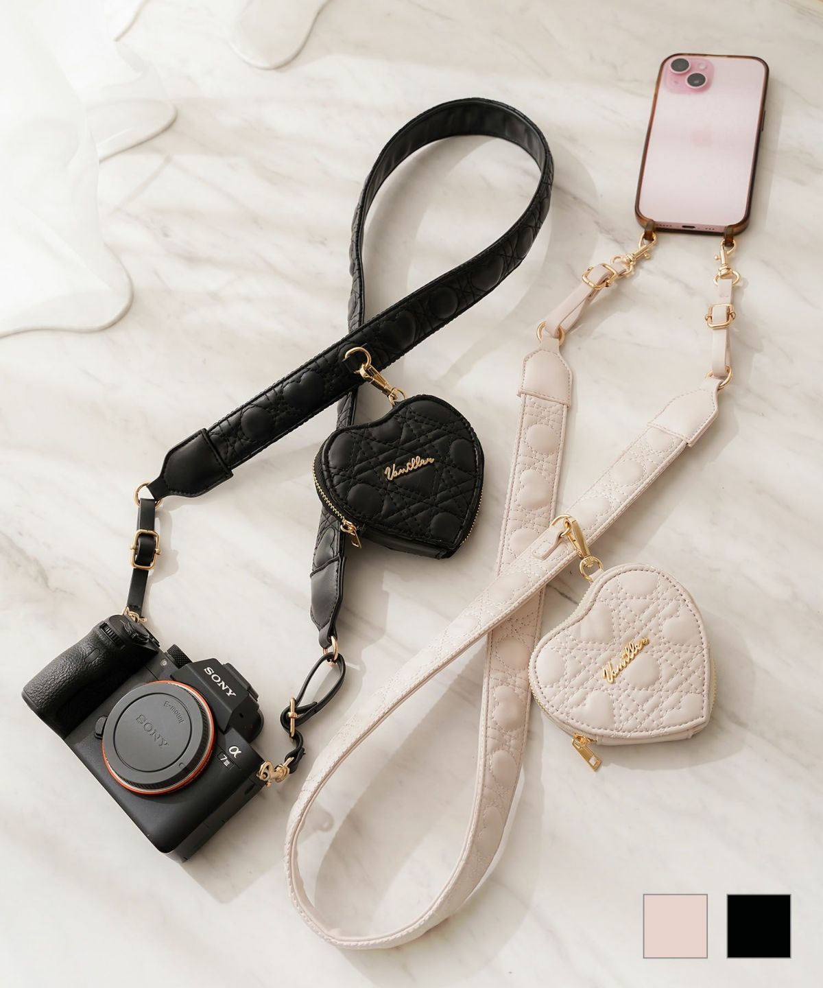 小物 ストラップ マルチウェイ カメラ スマホ スマホケース ハンディファン 手持ち 扇風機 うちわ ハートキルティング カワイイ おしゃれ トレンド