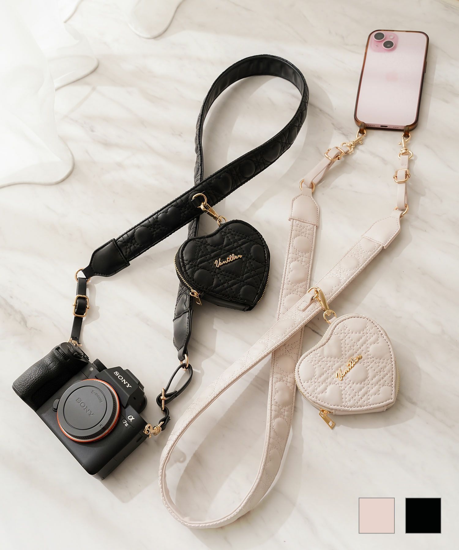 小物 ストラップ マルチウェイ カメラ スマホ スマホケース ハンディファン 手持ち 扇風機 うちわ ハートキルティング カワイイ おしゃれ トレンド