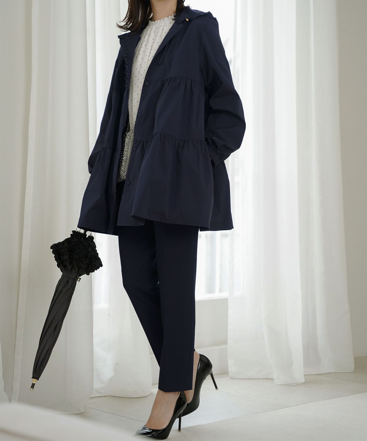 2way ティアード デザイン ライトアウター コート ネイビー/ベージュ/ブラック/M