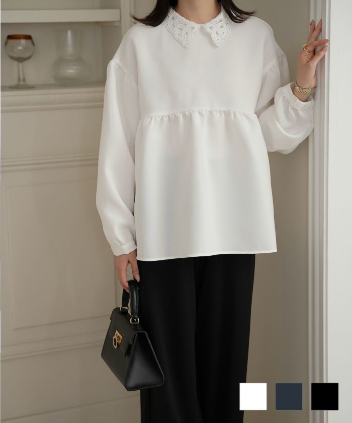レース 襟付き ブラウス レディース レース襟 長袖 フレア ペプラム チュニック きれいめ 洗える ホワイト/ネイビー/ブラック/M